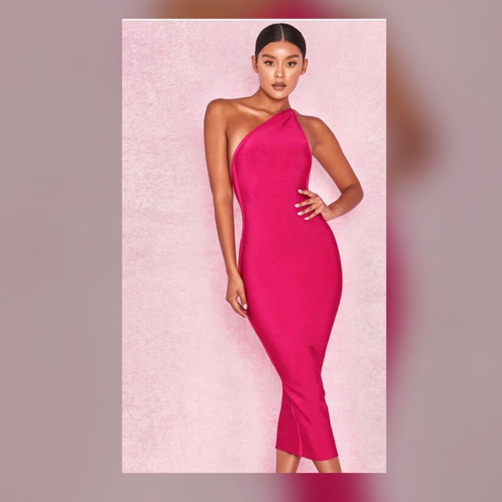 Hot pink one shoulder bandage dress